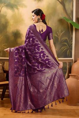 royal purple banarasi jacquard saree with rich zari weaving & tassel pallu     unstitched blouse 4