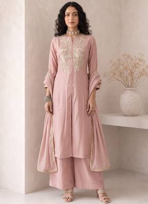 Peach embroidered roman silk salwar suit 1
