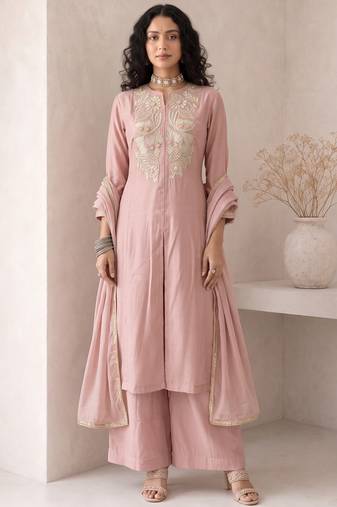 Peach embroidered roman silk salwar suit
