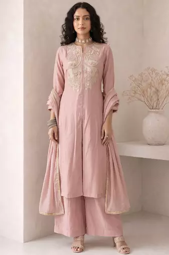 Peach embroidered roman silk salwar suit
