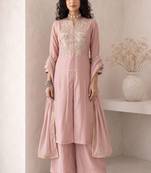 Peach embroidered roman silk salwar suit