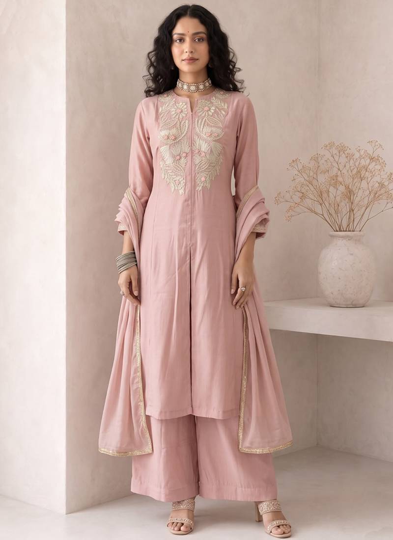 Peach embroidered roman silk salwar suit