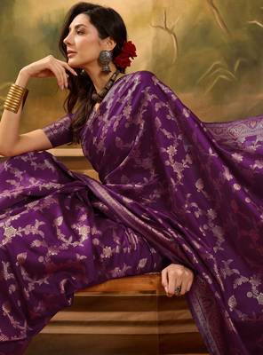 royal purple banarasi jacquard saree with rich zari weaving & tassel pallu     unstitched blouse 5