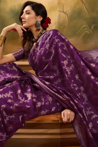 royal purple banarasi jacquard saree with rich zari weaving & tassel pallu     unstitched blouse
