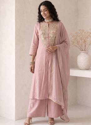 Peach embroidered roman silk salwar suit 2