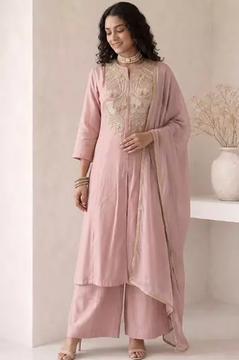 Peach embroidered roman silk salwar suit