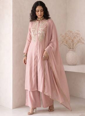 Peach embroidered roman silk salwar suit 3
