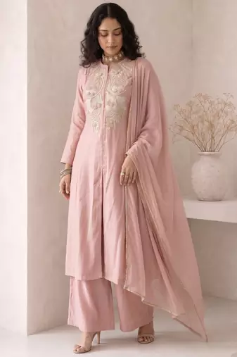 Peach embroidered roman silk salwar suit