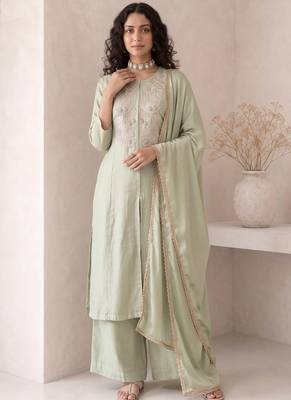 Sea green embroidered roman silk salwar suit 1