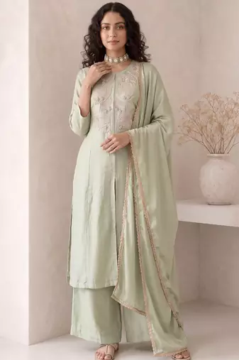 Sea green embroidered roman silk salwar suit
