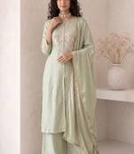 Sea green embroidered roman silk salwar suit