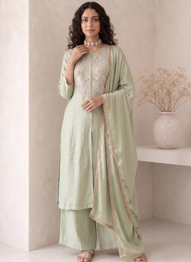 Sea green embroidered roman silk salwar suit