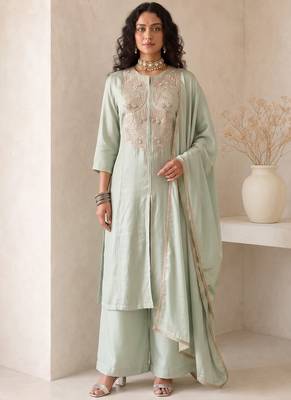 Sea green embroidered roman silk salwar suit 2