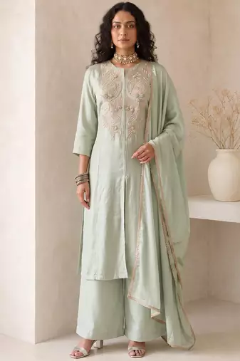 Sea green embroidered roman silk salwar suit