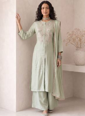 Sea green embroidered roman silk salwar suit 3