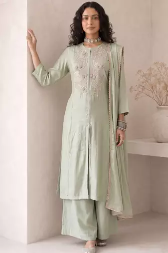 Sea green embroidered roman silk salwar suit