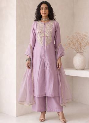 Lavender embroidered roman silk salwar suit 1
