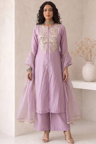 Lavender embroidered roman silk salwar suit