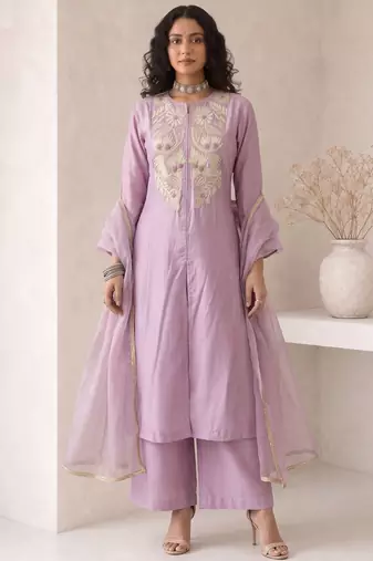 Lavender embroidered roman silk salwar suit