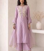 Lavender embroidered roman silk salwar suit