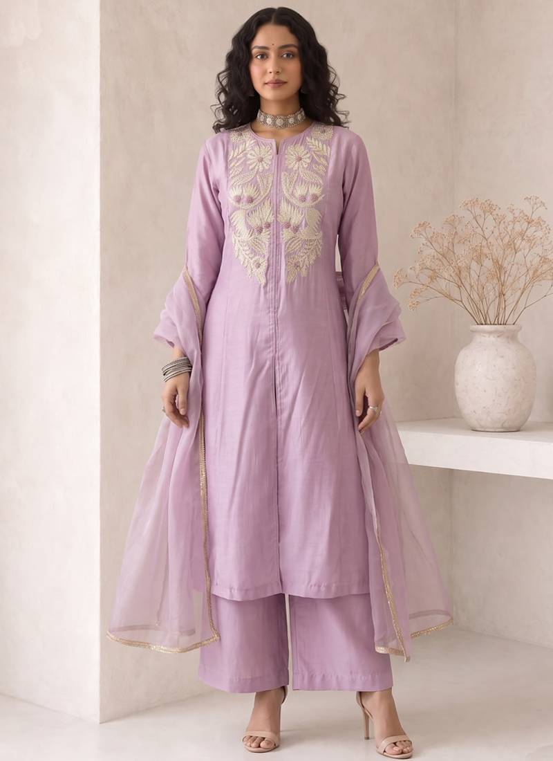 Lavender embroidered roman silk salwar suit