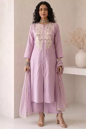 Lavender embroidered roman silk salwar suit