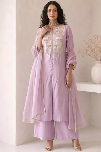 Lavender embroidered roman silk salwar suit