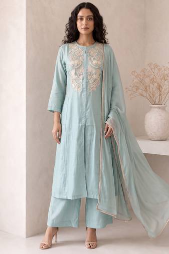 Sky blue embroidered roman silk salwar suit