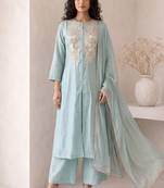 Sky blue embroidered roman silk salwar suit