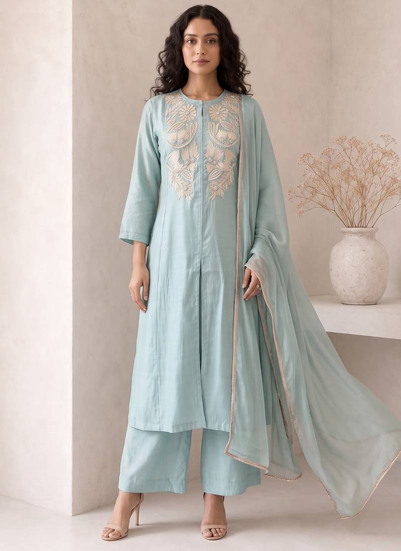 Sky blue embroidered roman silk salwar suit