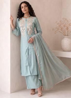 Sky blue embroidered roman silk salwar suit 2