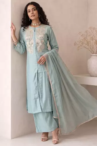Sky blue embroidered roman silk salwar suit