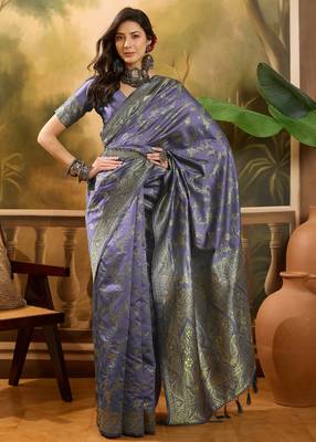 lavender banarasi jacquard saree with elegant zari weaving & tassel pallu     unstitched blouse 1