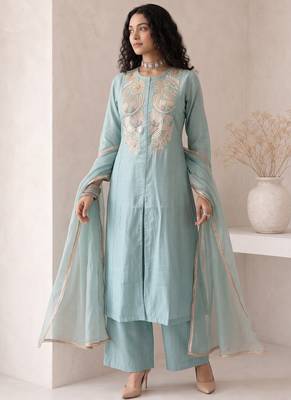 Sky blue embroidered roman silk salwar suit 3