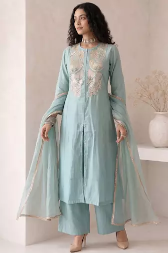 Sky blue embroidered roman silk salwar suit