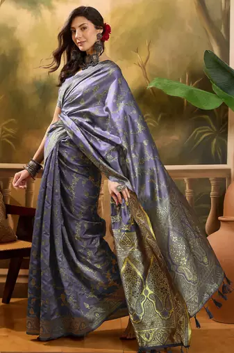 lavender banarasi jacquard saree with elegant zari weaving & tassel pallu     unstitched blouse