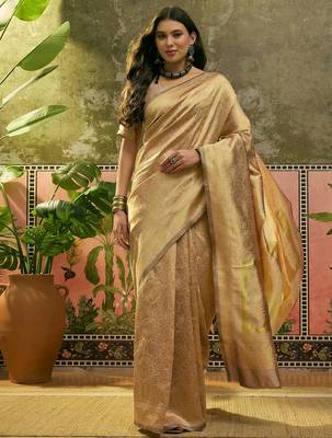 beige woven design saree with subtle border 3