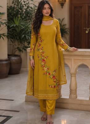 Yellow embroidered georgette straight suit 1