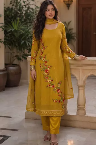 Yellow embroidered georgette straight suit