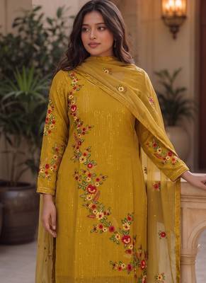 Yellow embroidered georgette straight suit 2