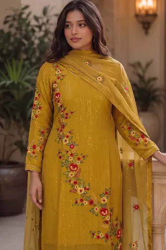 Yellow embroidered georgette straight suit