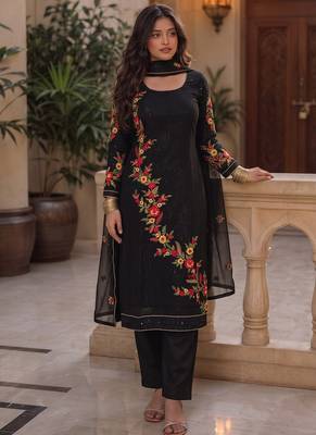 Black embroidered georgette strainght suit 1