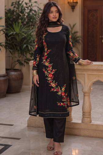 Black embroidered georgette strainght suit