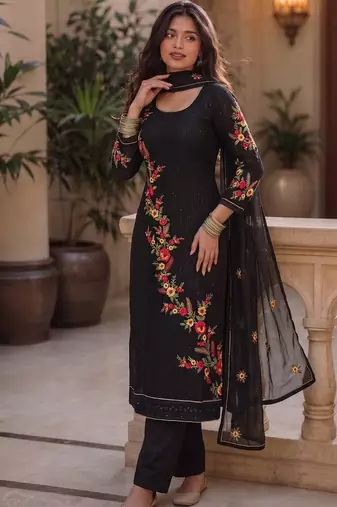 Black embroidered georgette strainght suit