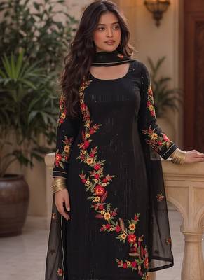 Black embroidered georgette strainght suit 3