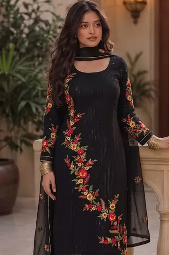 Black embroidered georgette strainght suit