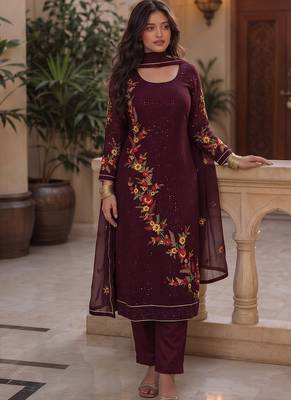 Wine embroidered georgette srainght suit 1