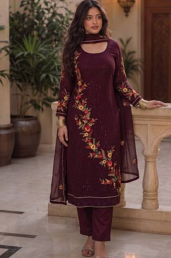 Wine embroidered georgette srainght suit