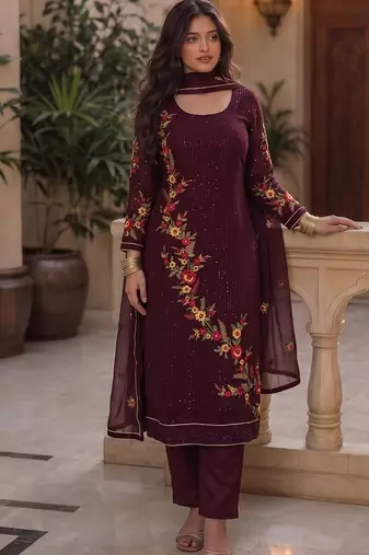 Wine embroidered georgette srainght suit