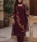 Wine embroidered georgette srainght suit